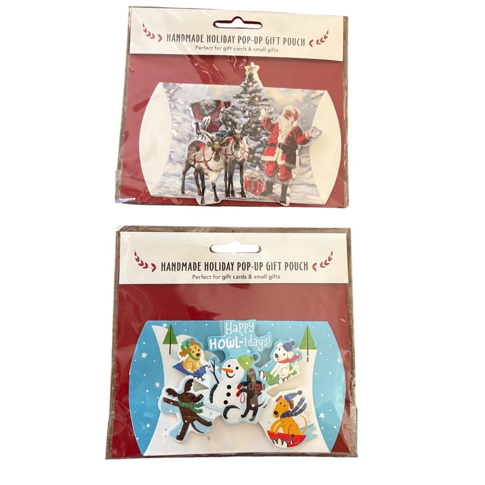 2 Holiday Pop Up Gift Pouch Santa Sledding Dogs Gift Card Holders Stocking Stuff